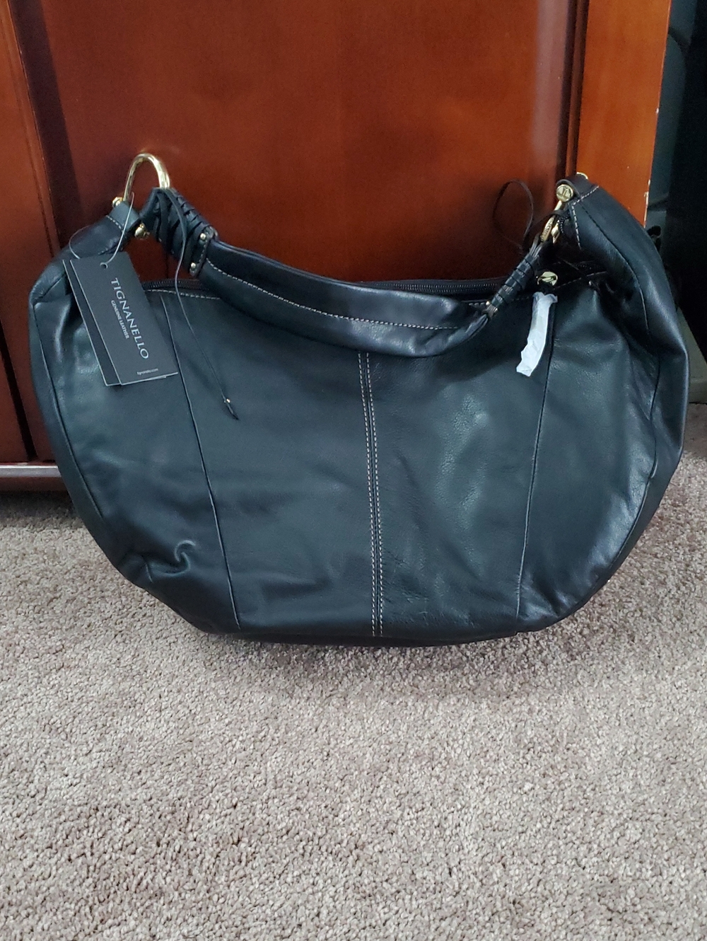 BRAND NEW!!  Tignanello Black Leather Hobo Shoulder Bag with Gold Hardware